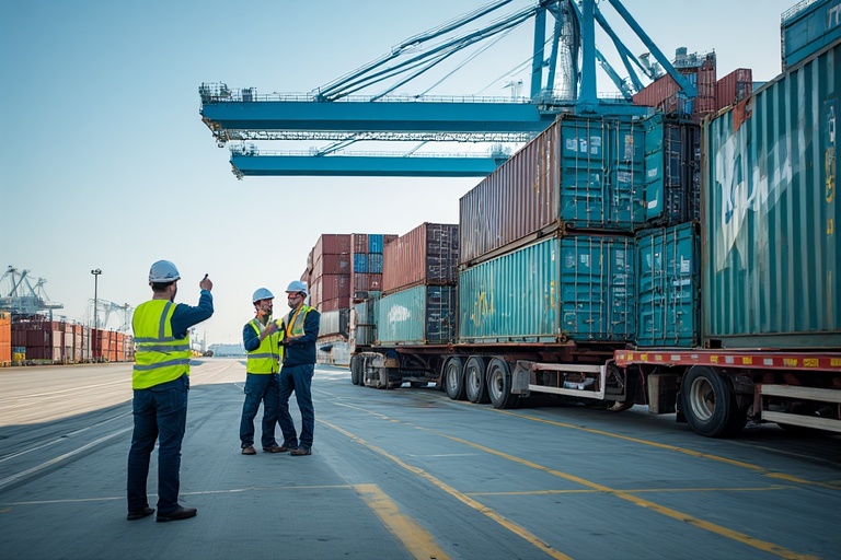 Operations team at port with containers in the background